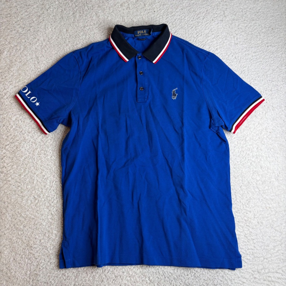 Polo Ralph Lauren Mens Classic Fit Blue Polo Shirt Graphic Sleeve Star Logo M
